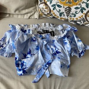 Nasty Gal floral jacquard bow front Bardot blue